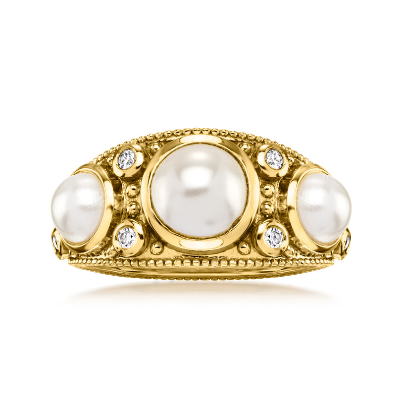 Gold-plated ring with three simulated pearls and round CZ accents