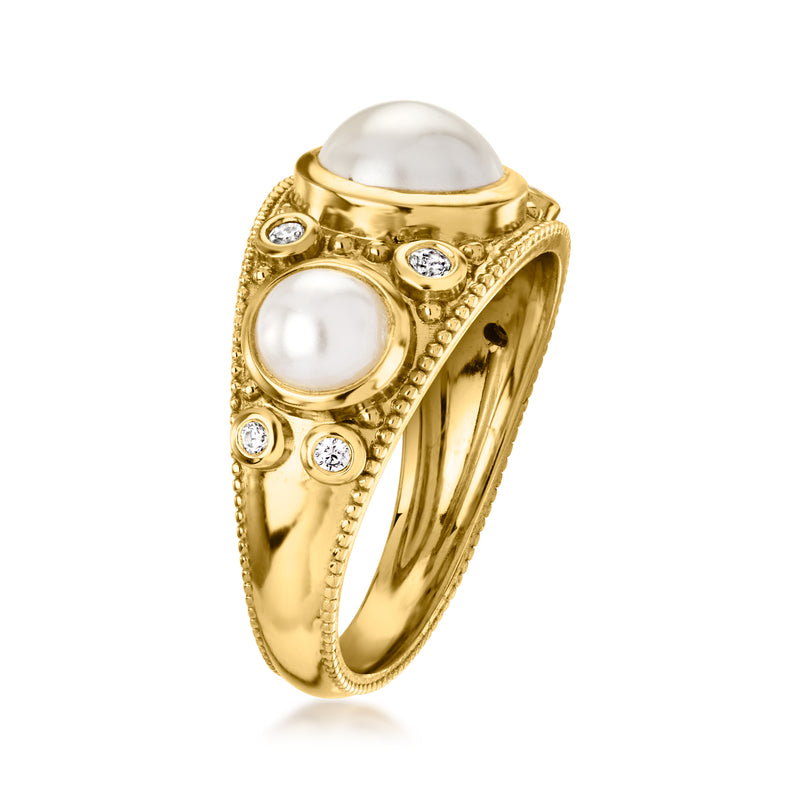 Gold-plated ring with simulated pearl domes and bezel-set CZ stones