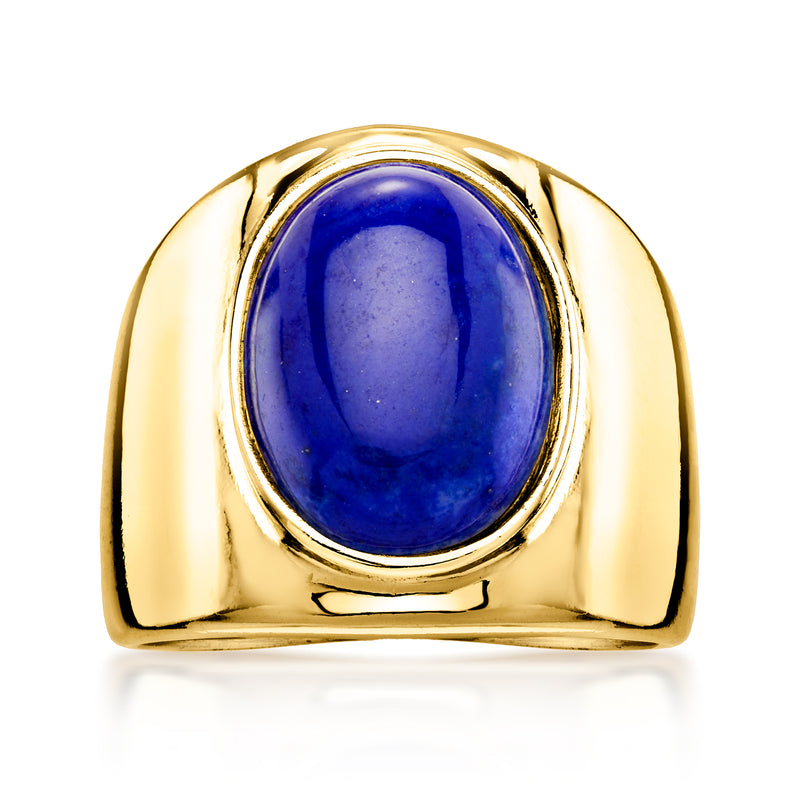 Yellow gold-plated ring with oval simulated lapis centerpiece, rounded bezel