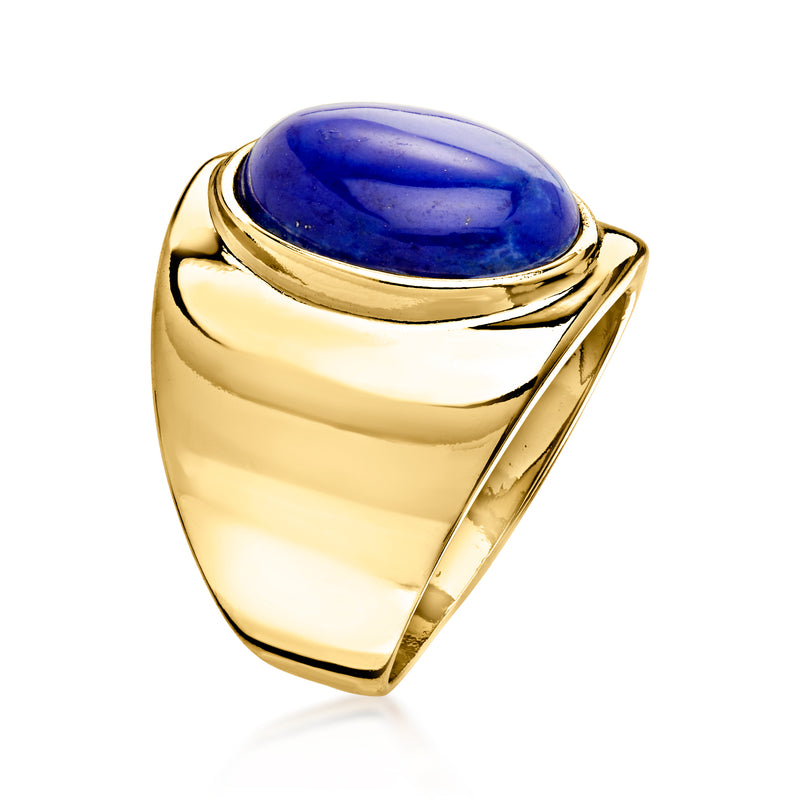 Yellow gold-plated signet-style ring with oval blue simulated lapis and split shoulders