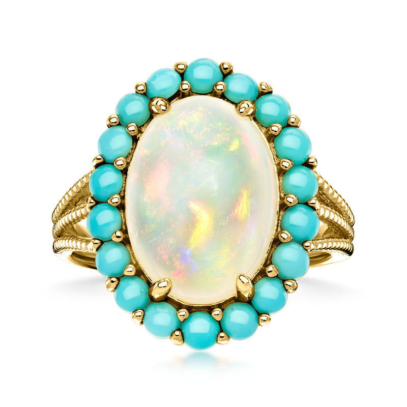 18kt gold over sterling opal oval ring with turquoise bead halo