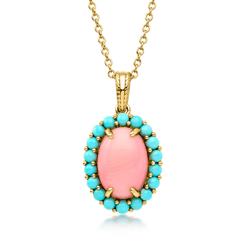 Gold pendant necklace with coral oval stone and turquoise bead halo on chain