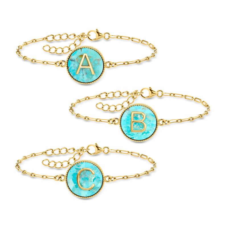Turquoise initial bracelet in gold tone with round A charm on linked chain