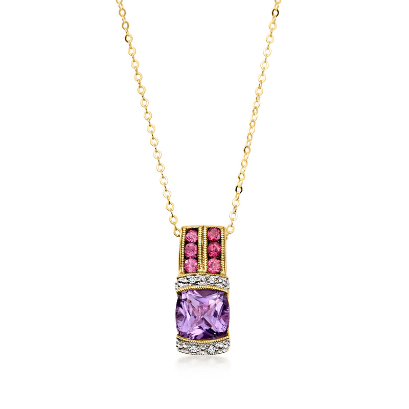 10kt yellow gold pendant necklace with oval amethyst, rhodolite rows, diamond accents