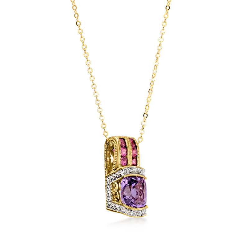Yellow gold square pendant with amethyst center stone, rhodolite side accents, diamonds