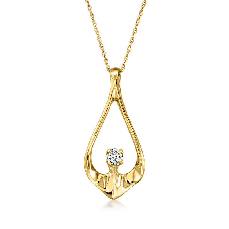 14kt yellow gold open teardrop pendant with small round diamond, on chain necklace