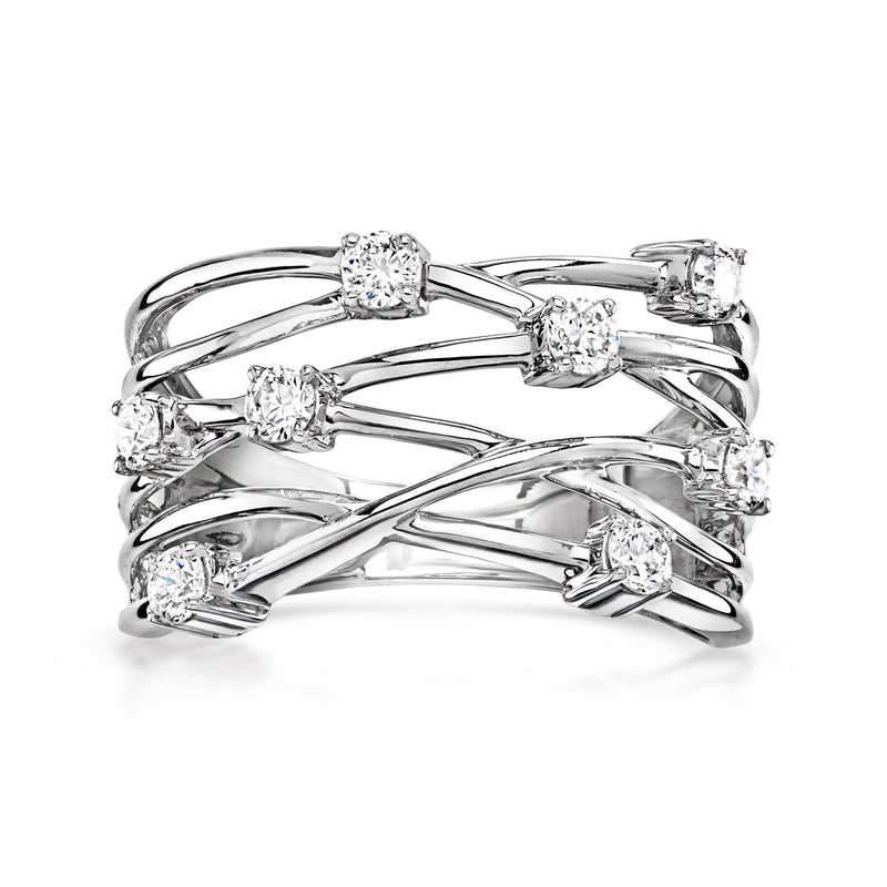 Sterling silver crisscross highway ring with round lab-grown diamond accents