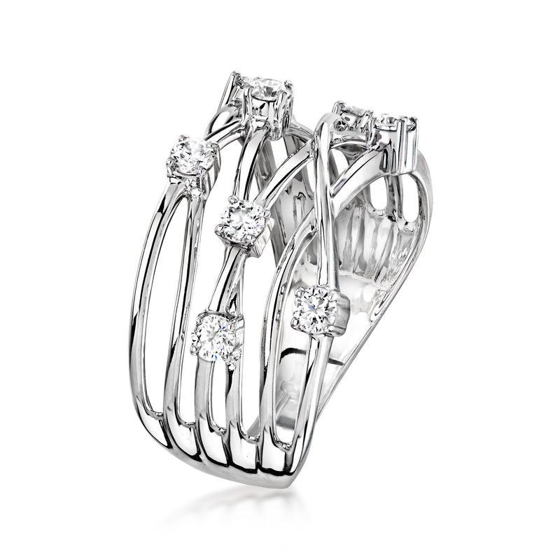 Sterling silver stack-style ring with multiple round diamond settings, open crisscross band