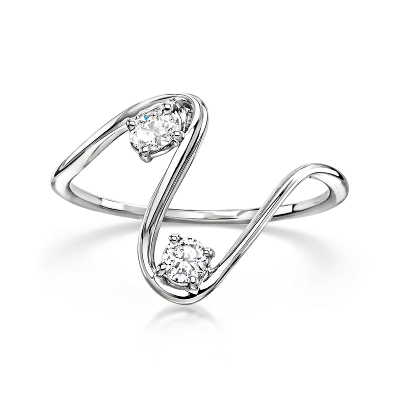 Wavy lab-grown diamond ring in sterling silver with two round stones, open design