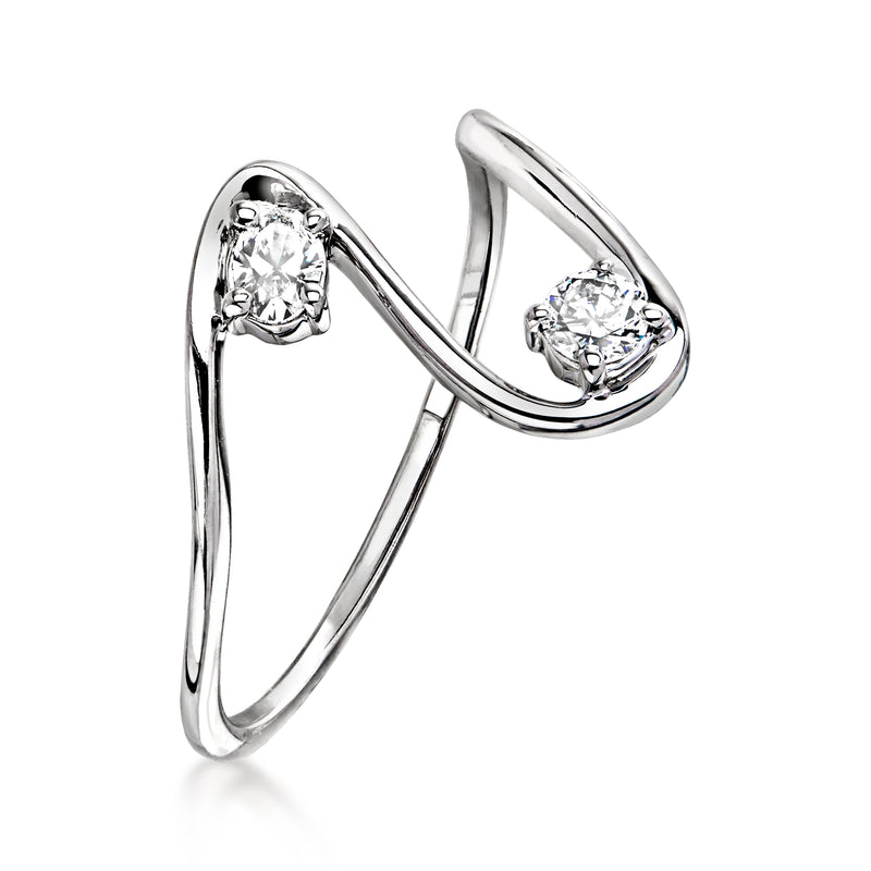 Sterling silver wavy ring with two round diamond settings, angled side view