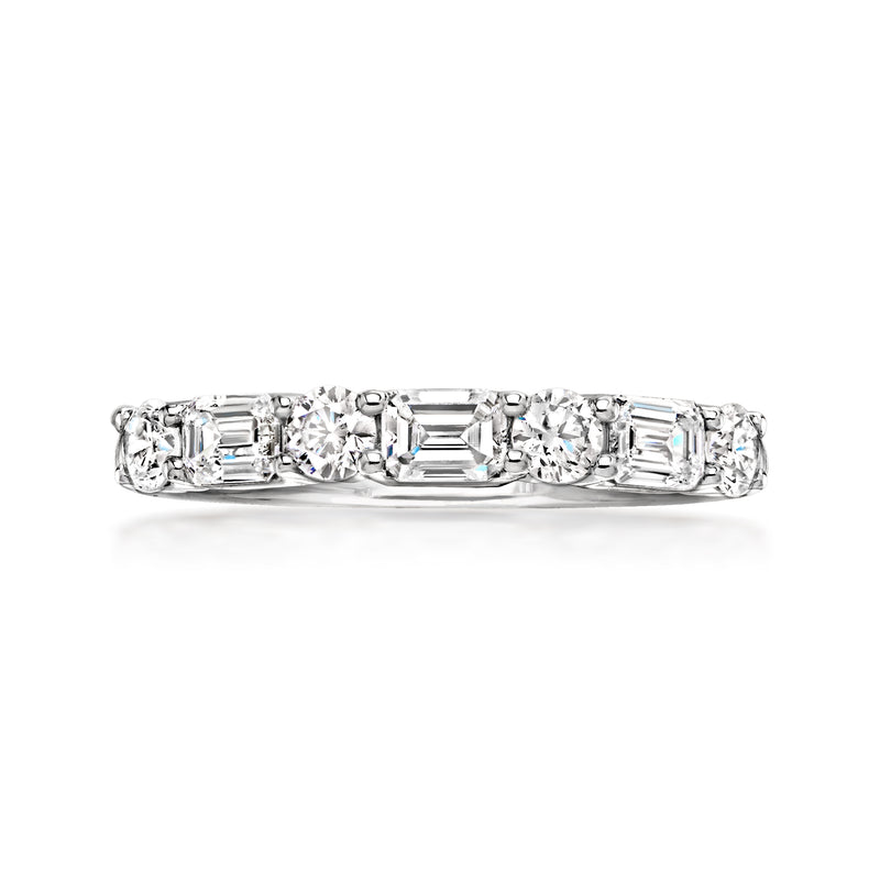 Sterling silver diamond ring with round and emerald-cut stones, full row design