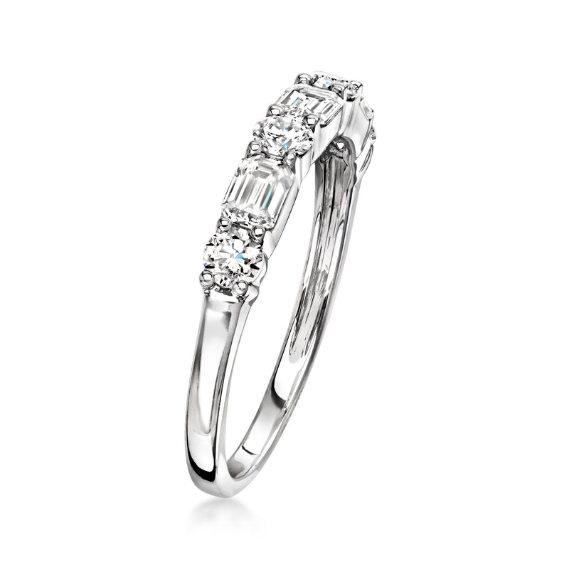 Sterling silver lab-grown diamond ring with emerald-cut center and round side stones