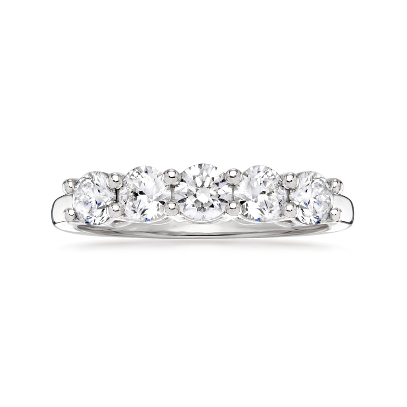Sterling silver lab-grown diamond ring with five round stones, prong-set band
