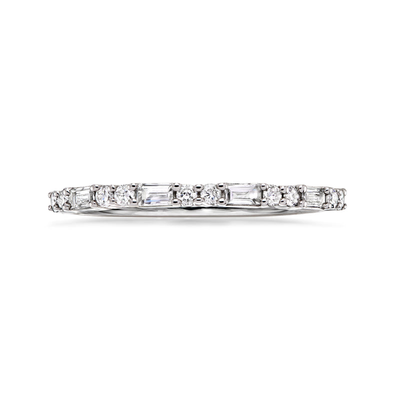Sterling silver band ring with lab-grown round & baguette diamonds in prong settings