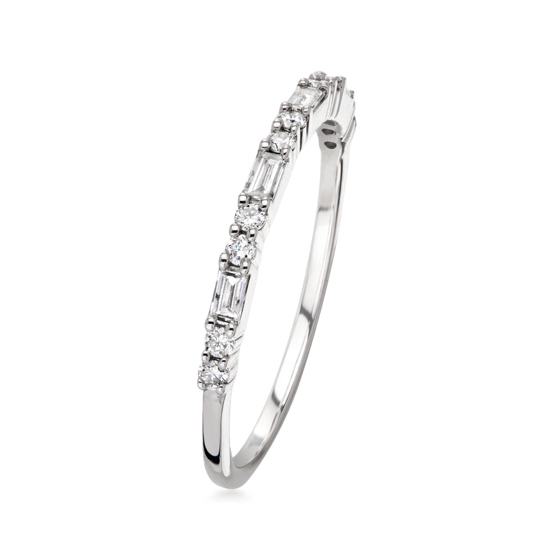 Sterling silver hoop-style ring with baguette and round lab-grown diamonds, prong-set