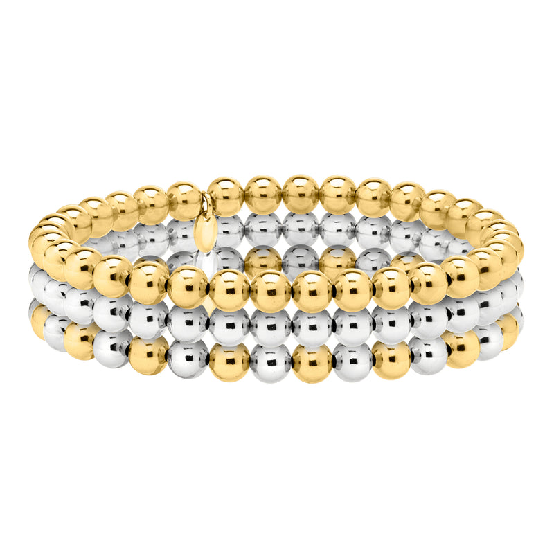 Three 6mm round bead stretch bracelets in gold-plated and silver-tone, stacked look