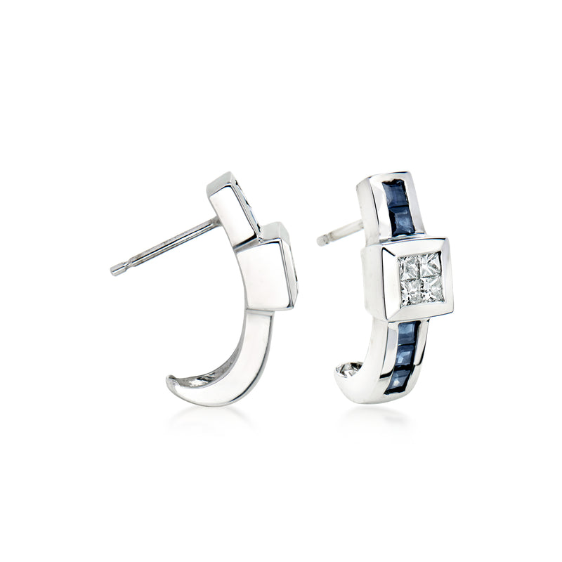 Curved sapphire and diamond stud earrings in 14kt white gold with post backs