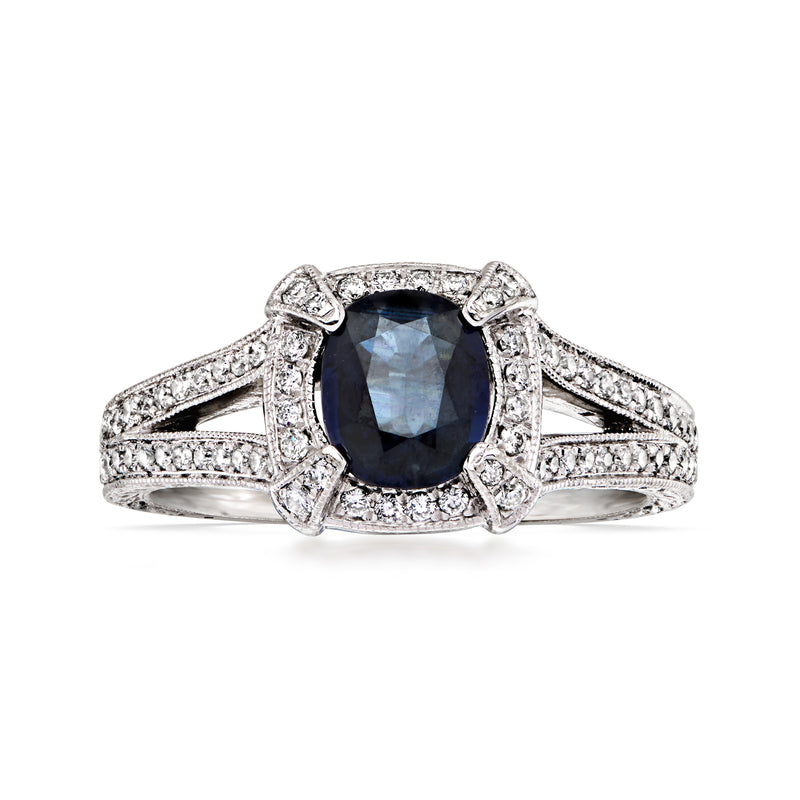 Vintage sapphire and diamond ring in 14kt white gold with oval blue center stone