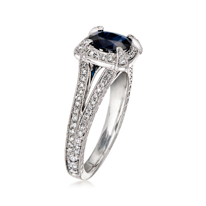 Vintage sapphire and diamond ring in white gold with prong-set oval blue stone