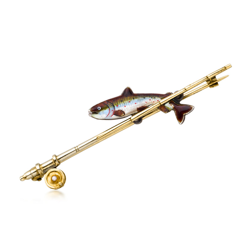 Enamel fish-and-pole pin in yellow gold and sterling silver