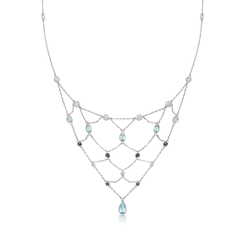 C. 1990 Vintage 3.75 ct. t.w. Aquamarine and .75 ct. t.w. Sapphire Bib Necklace with 1.65 ct. t.w. Diamonds in 14kt White Gold. 19.25"