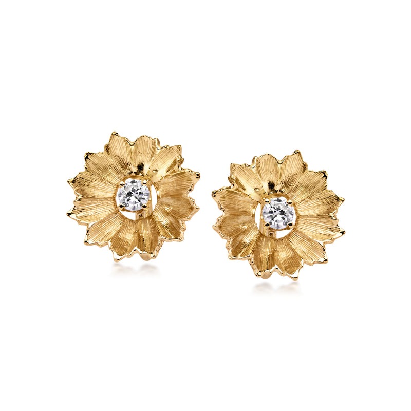 14kt yellow gold flower earrings with round diamond centers