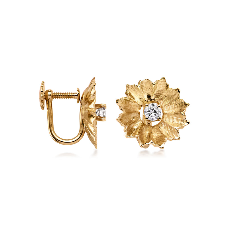 Clip-on 14kt yellow gold flower earrings with round diamond centers, hinged back