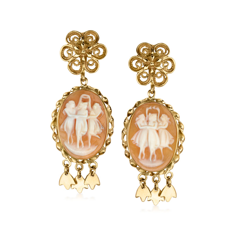 C. 1980 Vintage Orange Shell Three Graces Cameo Drop Earrings in 14kt Yellow Gold