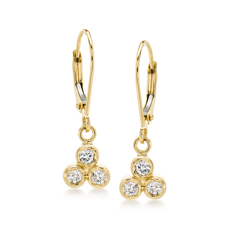 14kt yellow gold diamond trio leverback earrings with three round stones
