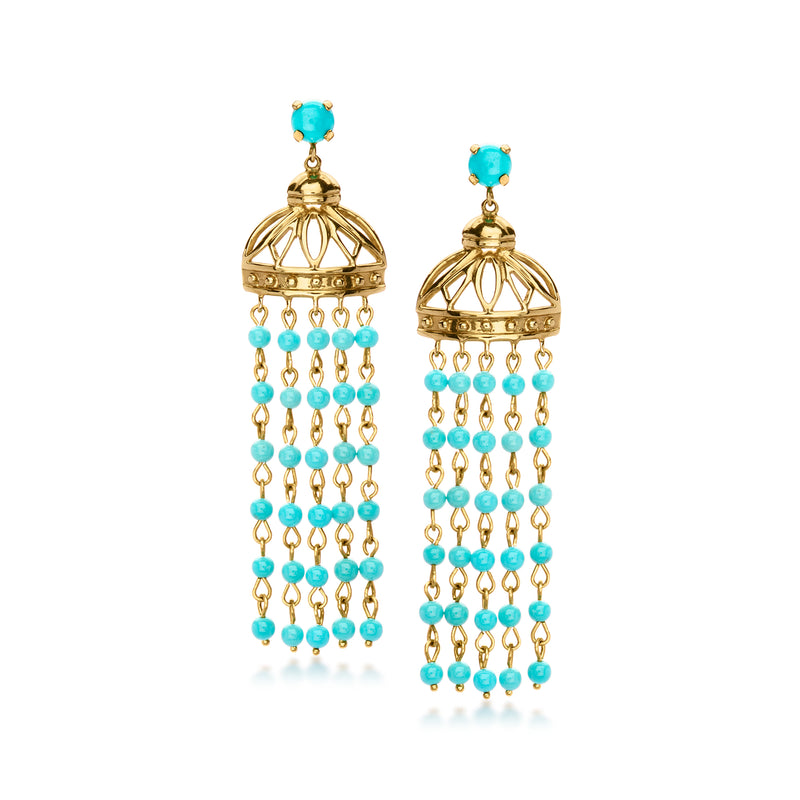 14kt yellow gold drop earrings with turquoise beads and multiple tassel strands
