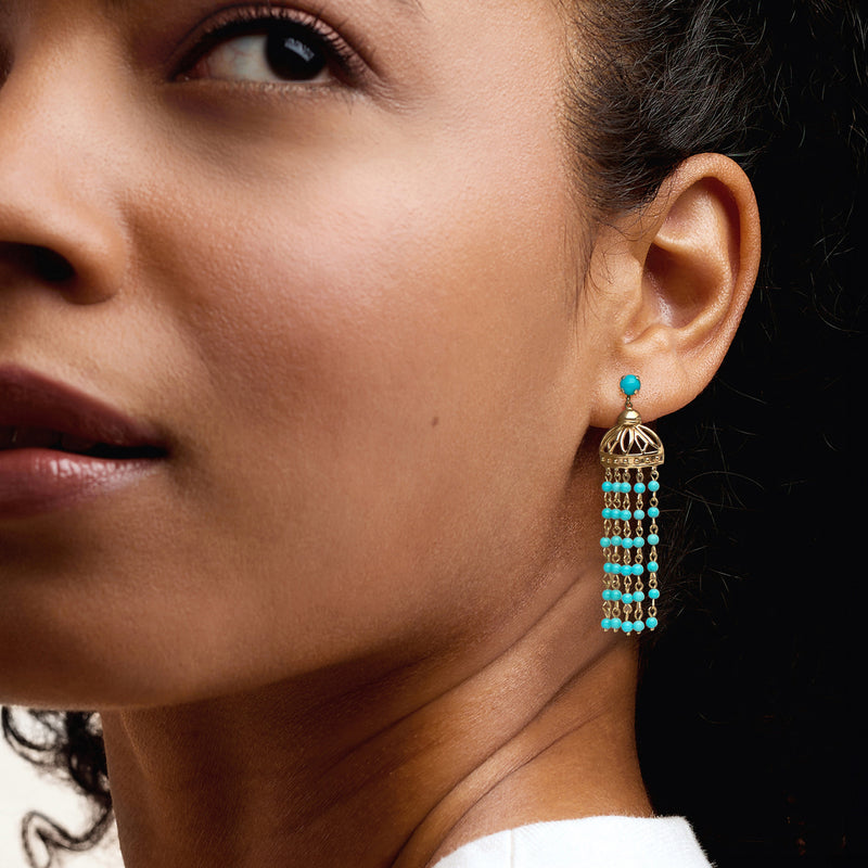 Turquoise bead drop earrings with gold dome caps, hanging bead tassels