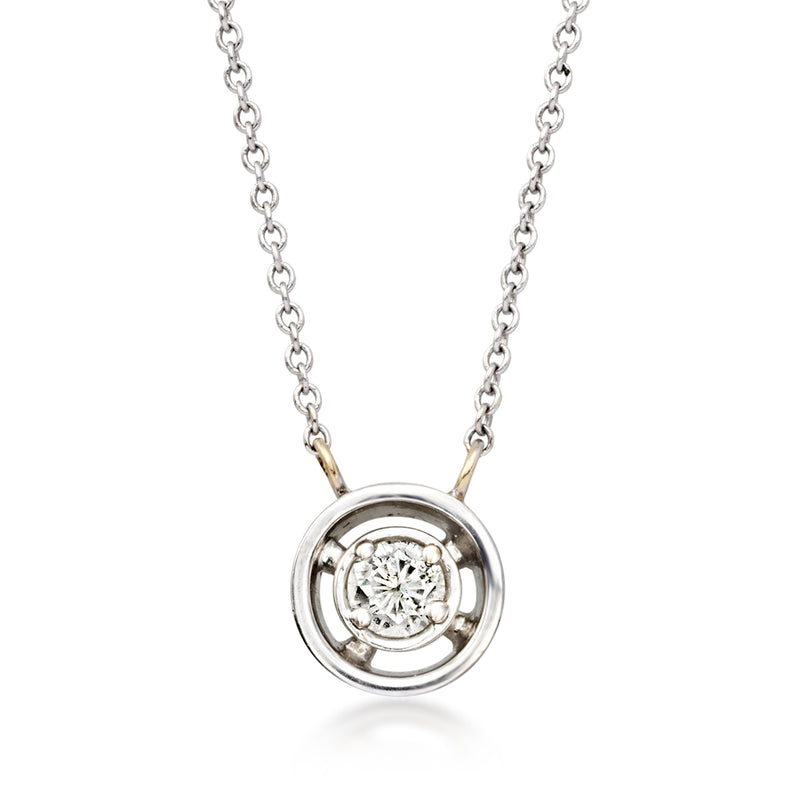 Round diamond necklace pendant in open-space frame on silver-tone chain