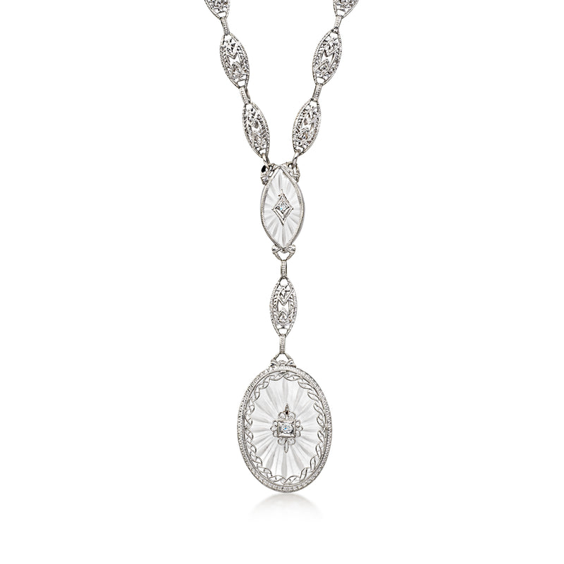 C. 1950 Vintage 11.75 ct. t.w. Rock Crystal Necklace with Diamonds in 10kt White Gold. 17.25"
