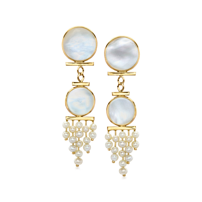 C. 1980 Vintage Mother-of-Pearl and Cultured Pearl Drop Earrings in 14kt Yellow Gold