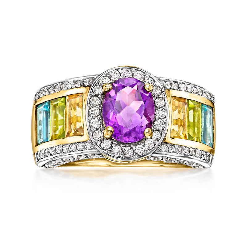 Amethyst oval center ring with baguette side stones and diamond-style halo in gold