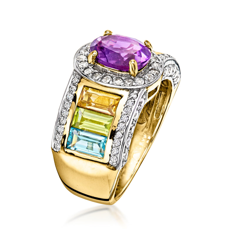 Amethyst and multi-gem cocktail ring with baguette stones in gold with sparkle halo