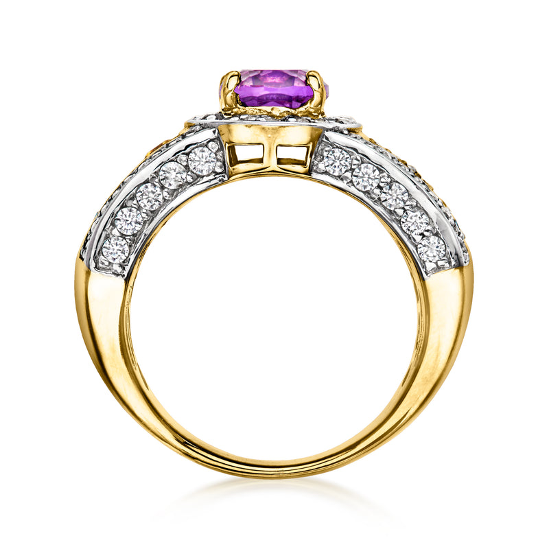 Gold amethyst ring with openwork gallery and diamond-style pave halo around the stone
