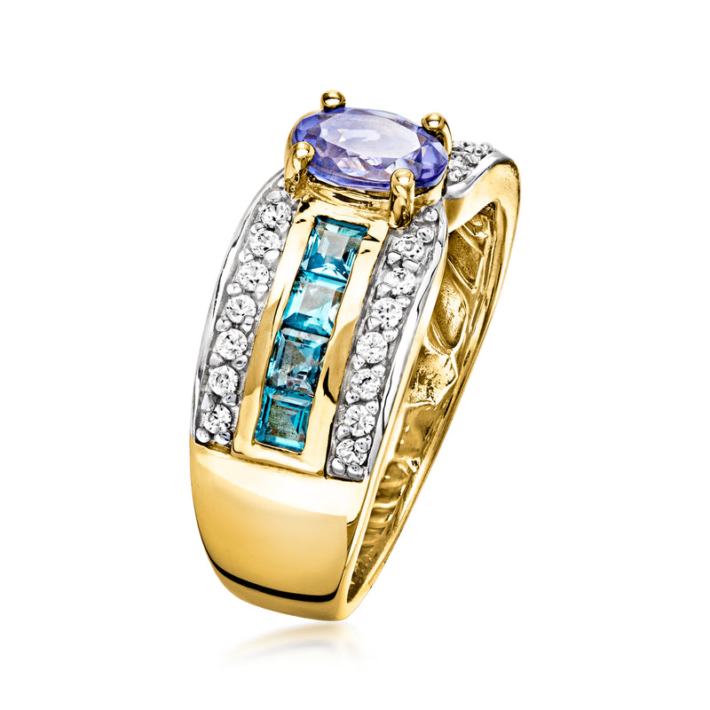 Gold over sterling ring with oval blue center stone and blue baguette side stones