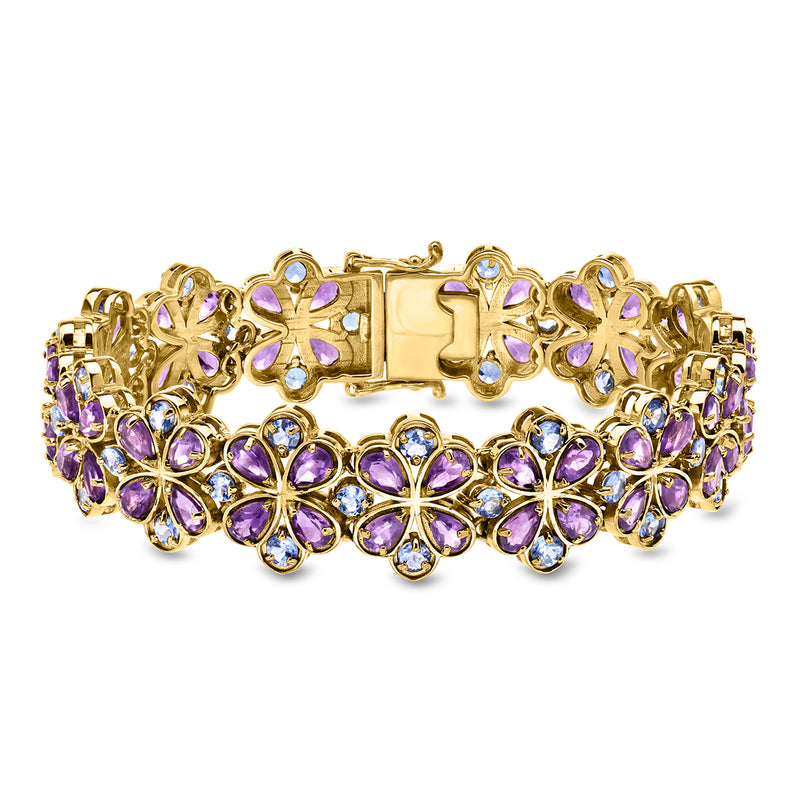 Gold-tone flower bracelet with purple amethyst-like and blue stones, hinged box clasp