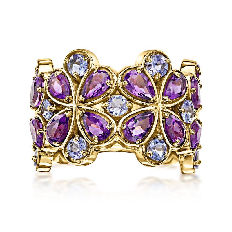 Gold flower ring with purple teardrop gems and round clear stones, split band