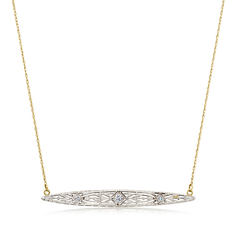 Vintage diamond filigree necklace with horizontal bar pendant, yellow gold chain and metal settings