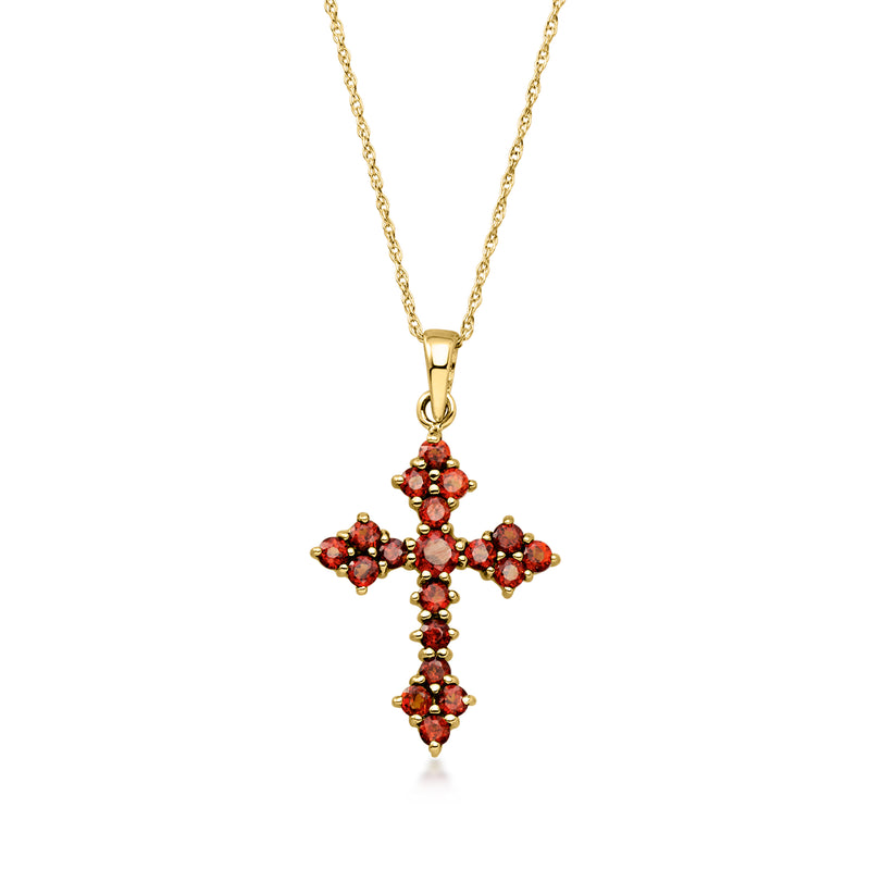 14kt yellow gold garnet cross pendant necklace with red stone settings