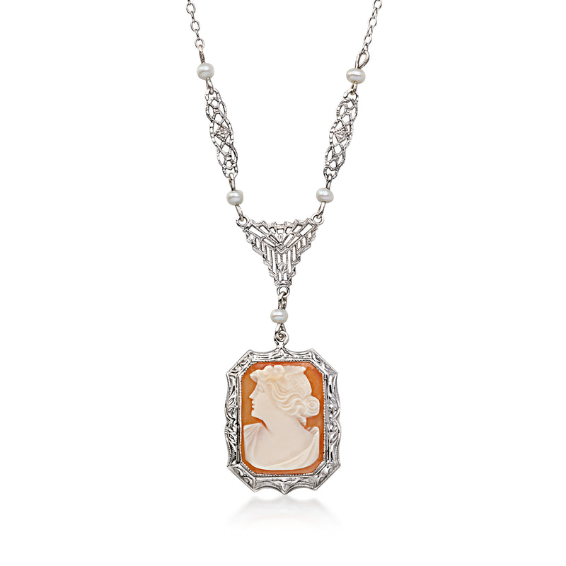 C. 1950 Vintage Orange Shell Cameo Filigree Necklace with 2.3mm Cultured Pearls in 10kt White Gold. 16"