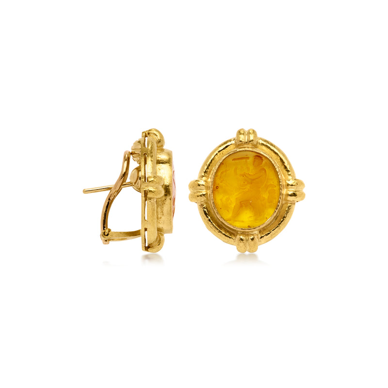 Vintage yellow gold oval amber-yellow glass earrings, side view with clip/post backs