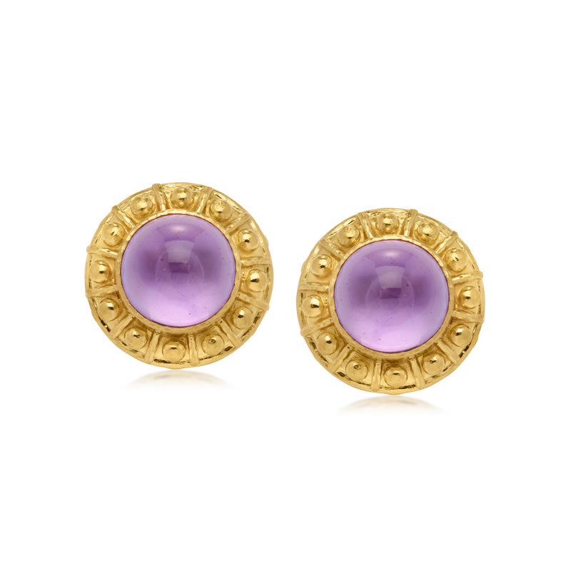 18kt yellow gold round amethyst stud earrings with ornate bezel