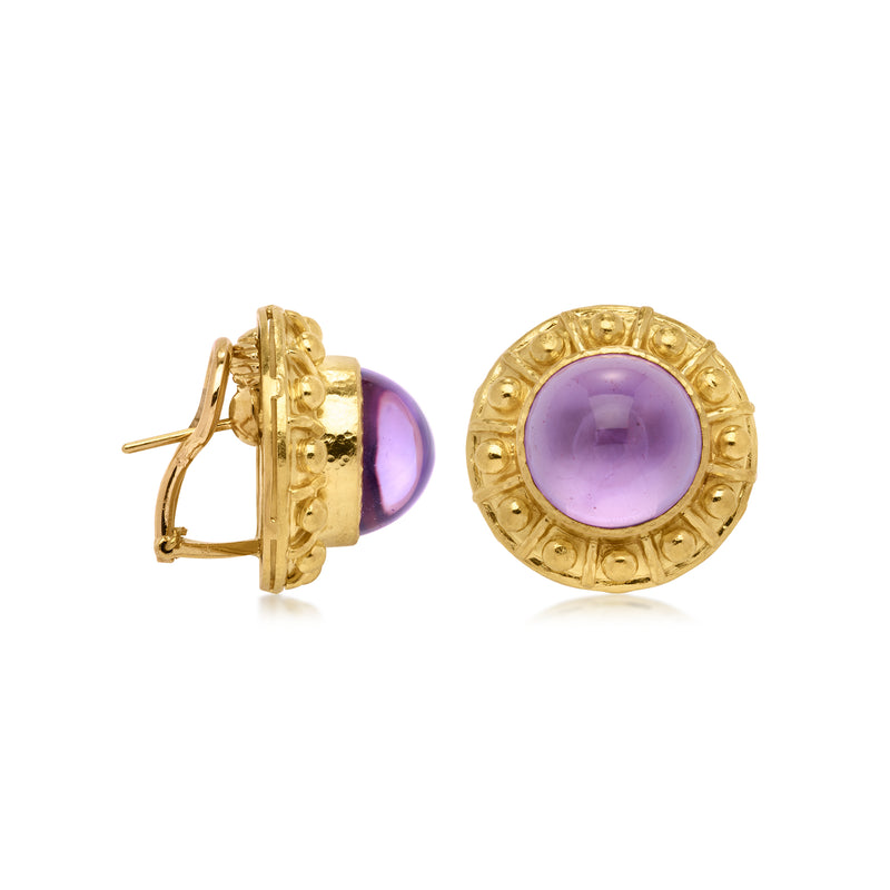 18kt yellow gold clip/post earrings with round purple amethyst stone bezel