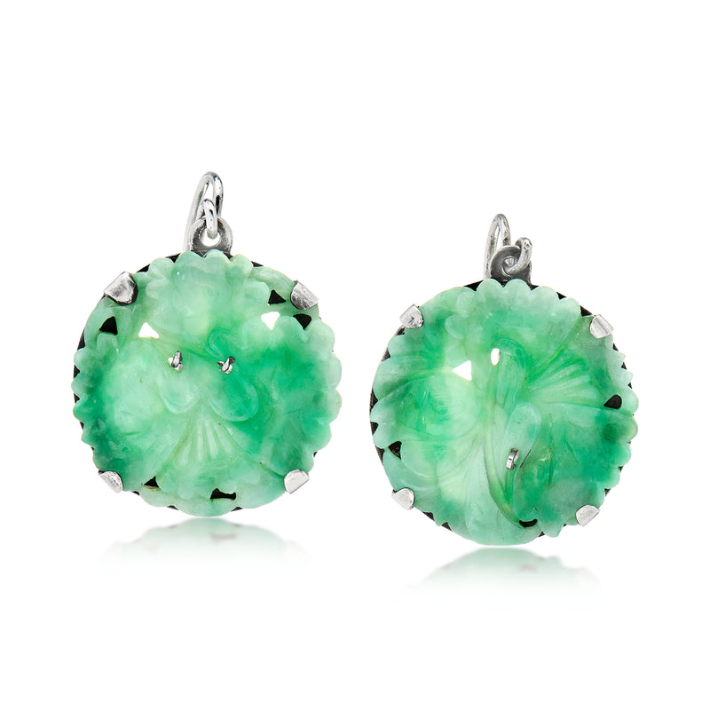Green carved jade drop earrings with sterling silver prong setting and earwires