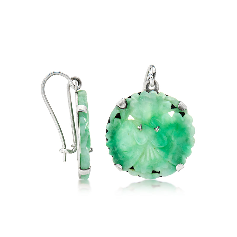 Sterling silver earwire earrings with green carved jade drop and bezel prongs