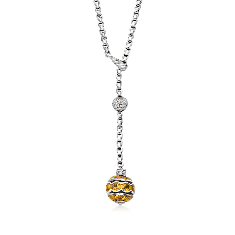 Sterling silver lariat necklace with two sphere pendants, yellow citrine and diamonds