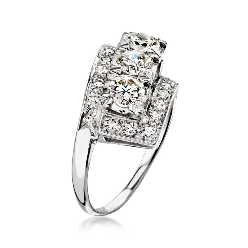 Vintage 14kt white gold diamond ring with three-stone cluster top